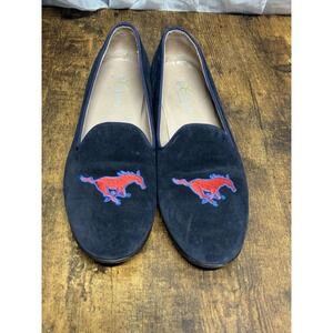 JP Crickets Women's 8 SMU Mustangs Velvet Loafers‎ Navy Embroidered Horse Italy